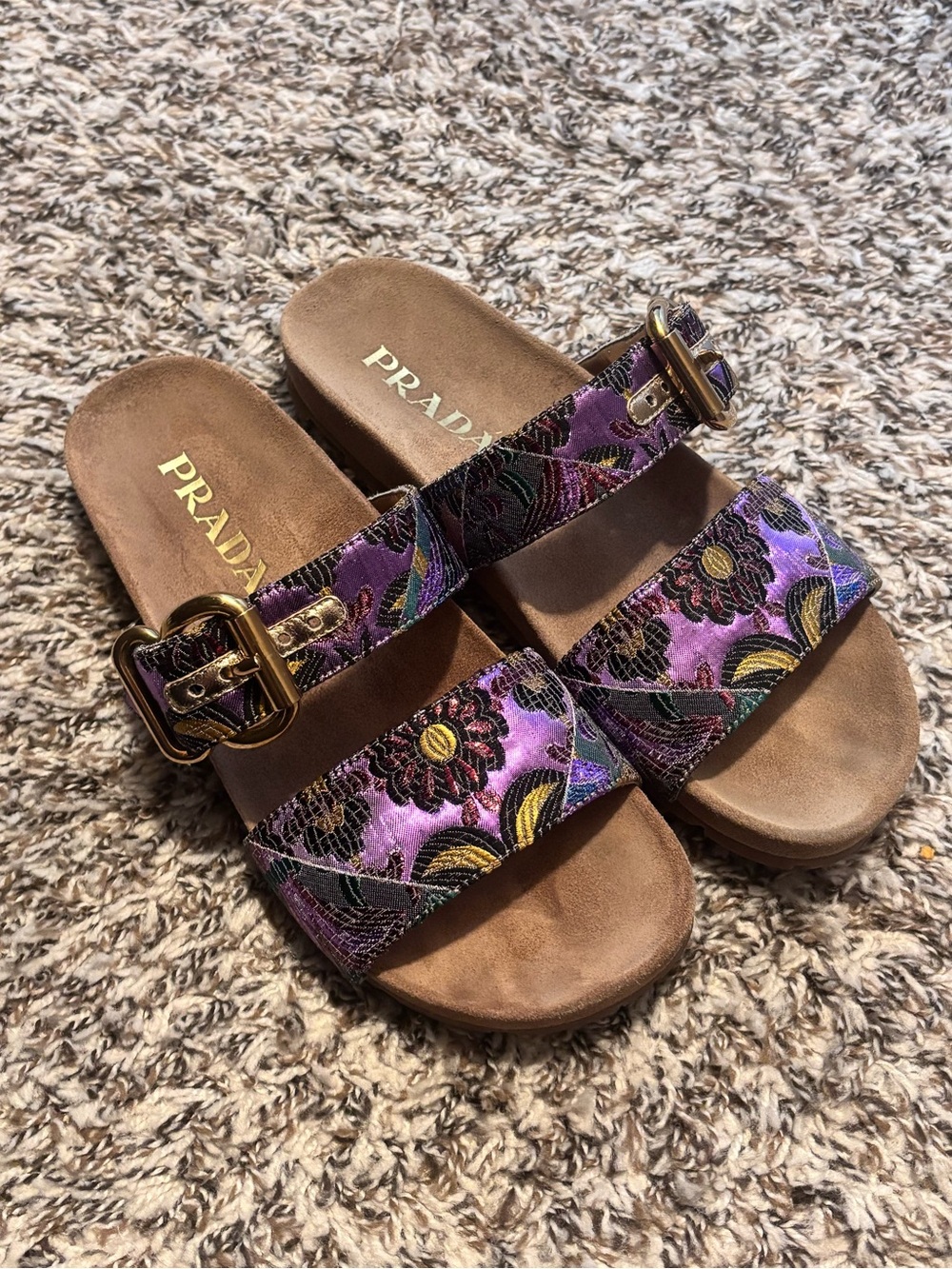 Prada Purple Floral Buckle Slide Sandals with Gold Hardware